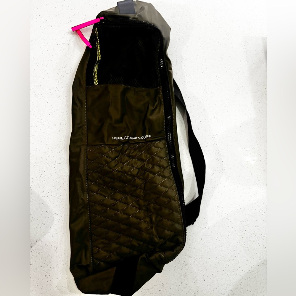 Rare Rebecca Minkoff Olive yoga mat bag with Pink and yellow neon Accents